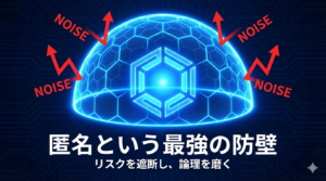 デジタルなバリアに守られた脳のイメージ。「匿名性」という最強の防衛策でリスクを遮断し、純粋な論理を貫く姿勢を象徴。