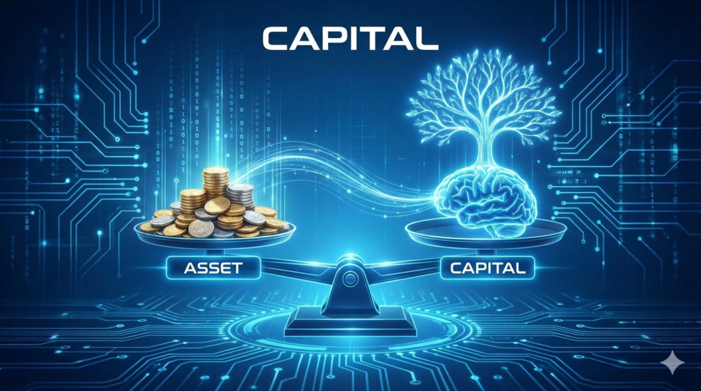 天秤の一方に金貨、もう一方に脳（知性）が乗った「資本（CAPITAL）」をテーマにした、キャリアの再定義を象徴するデジタルアート。