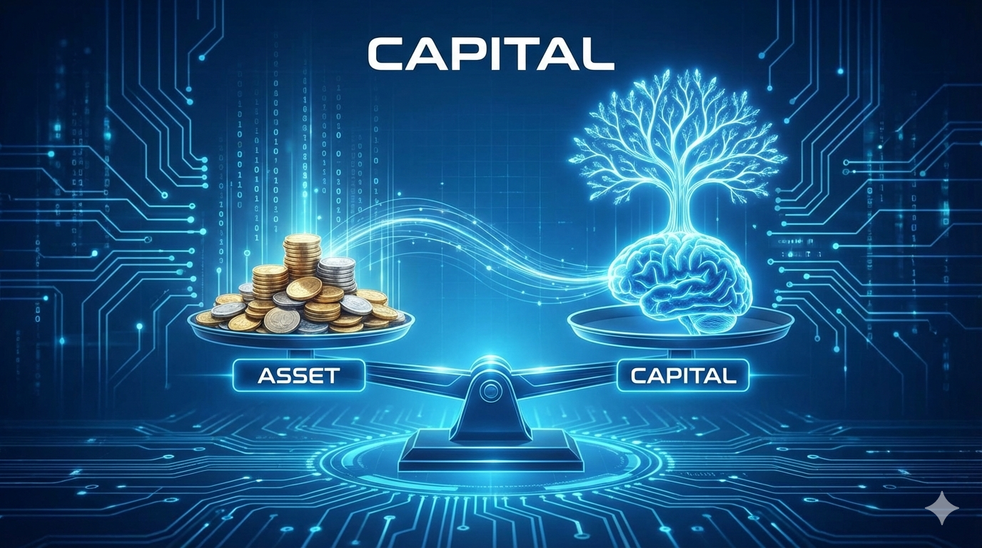 天秤の一方に金貨、もう一方に脳（知性）が乗った「資本（CAPITAL）」をテーマにした、キャリアの再定義を象徴するデジタルアート。