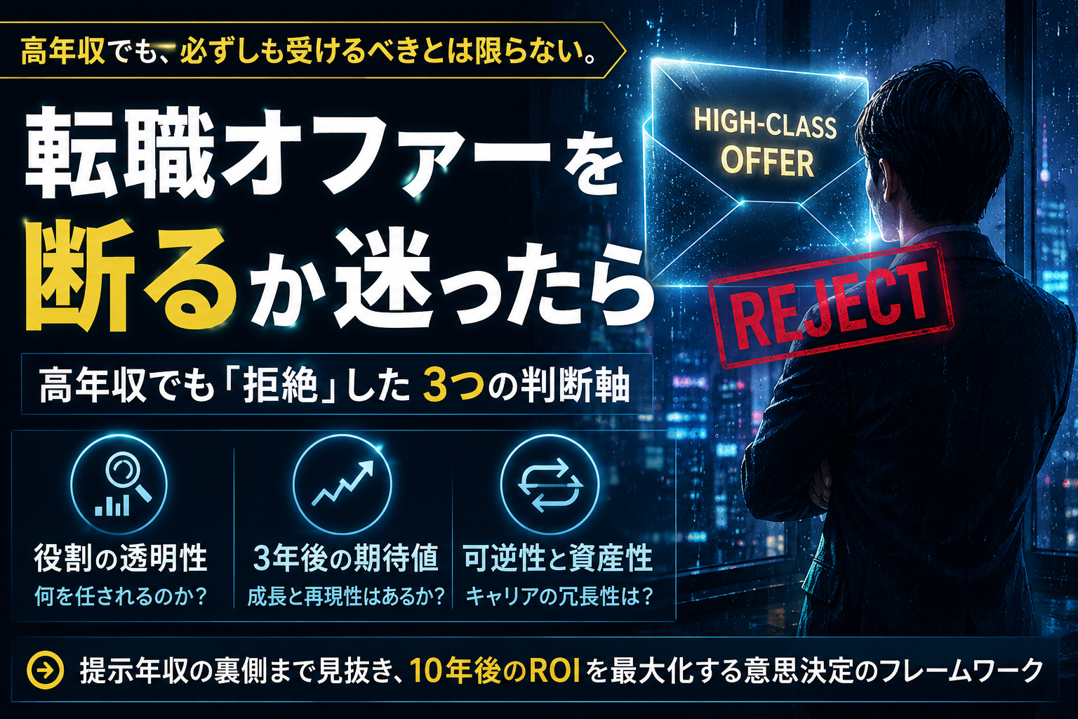 高年収の転職オファーを断るか迷う場面を、役割の透明性・3年後の期待値・可逆性と資産性の3つの判断軸で表現したサムネイル画像