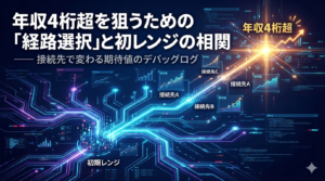 年収4桁超を狙う「経路選択」と初期レンジの相関。青紫の回路図と成長グラフ、接続先ノードを可視化したブログ用アイキャッチ画像。