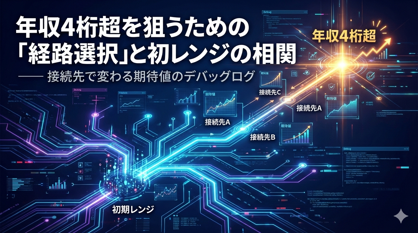 年収4桁超を狙う「経路選択」と初期レンジの相関。青紫の回路図と成長グラフ、接続先ノードを可視化したブログ用アイキャッチ画像。