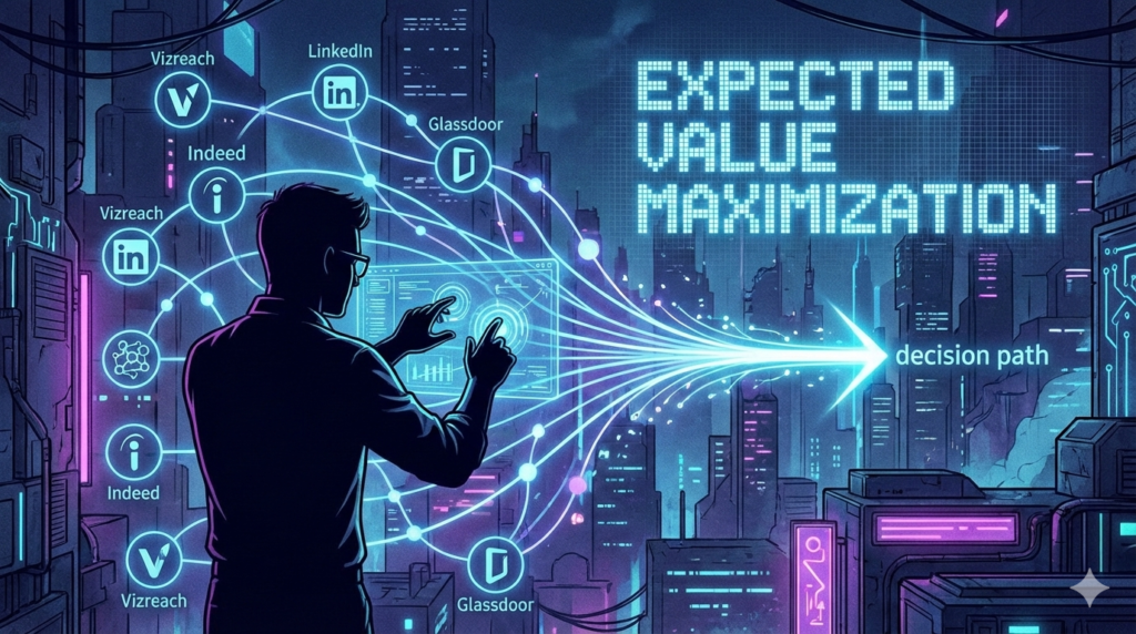 複数の転職プラットフォームをネットワークノードとして比較し、キャリアの期待値を最大化する経路を選択しようとしているエンジニアのサイバーパンクなコンセプトアート。