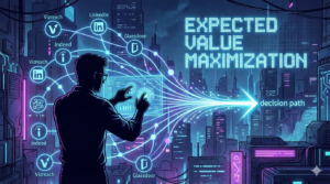 複数の転職プラットフォームをネットワークノードとして比較し、キャリアの期待値を最大化する経路を選択しようとしているエンジニアのサイバーパンクなコンセプトアート。