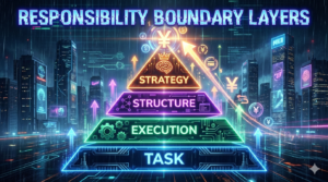 責任境界の4階層ピラミッド。TASKからSTRATEGYへの階層と期待値の向上をネオンで描いたサイバーパンクなアイキャッチ。