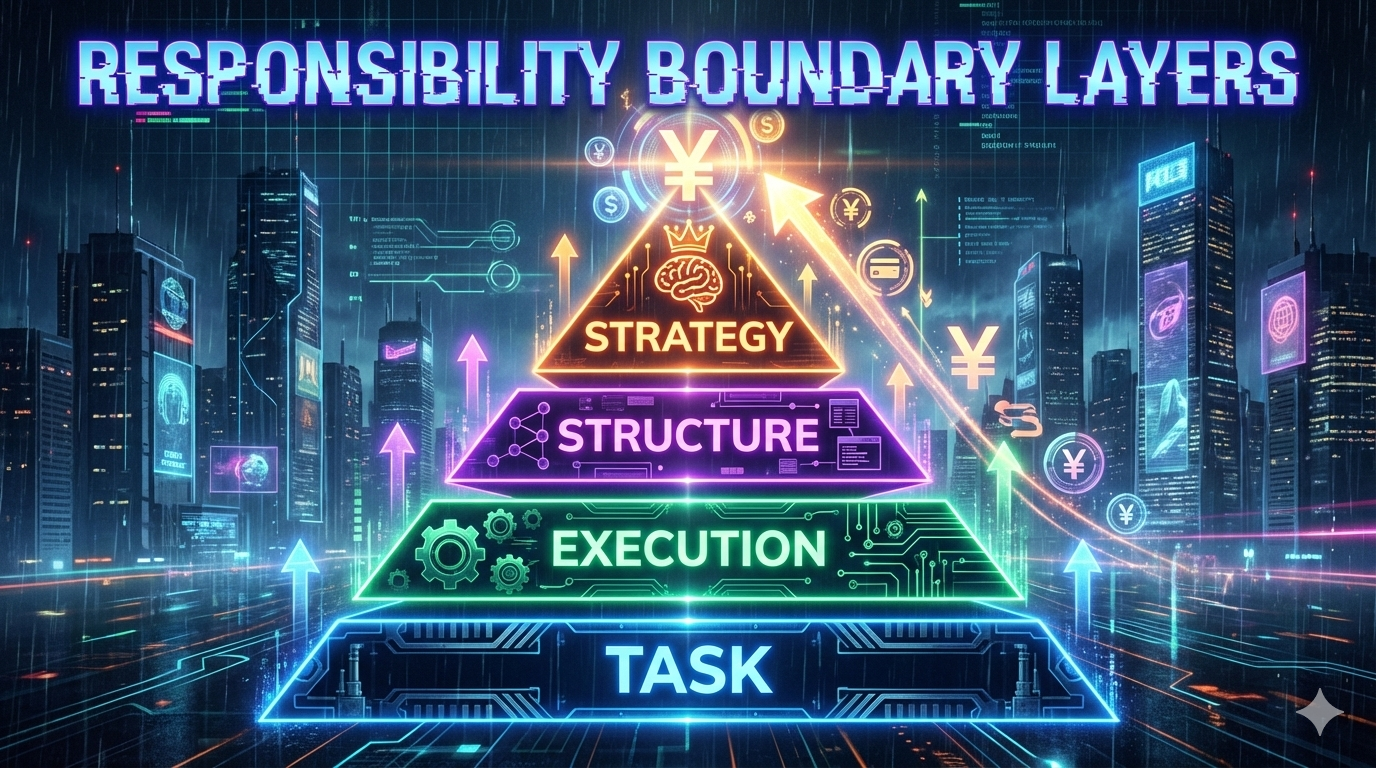 責任境界の4階層ピラミッド。TASKからSTRATEGYへの階層と期待値の向上をネオンで描いたサイバーパンクなアイキャッチ。
