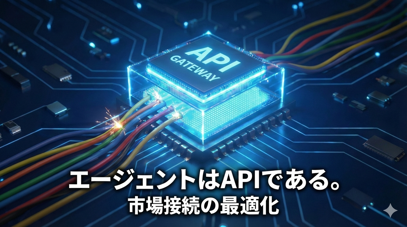 CPUチップの上に「API」の文字が輝き、転職エージェントを外部リソース（API）として最適に接続する概念を描いたシステム構成図。