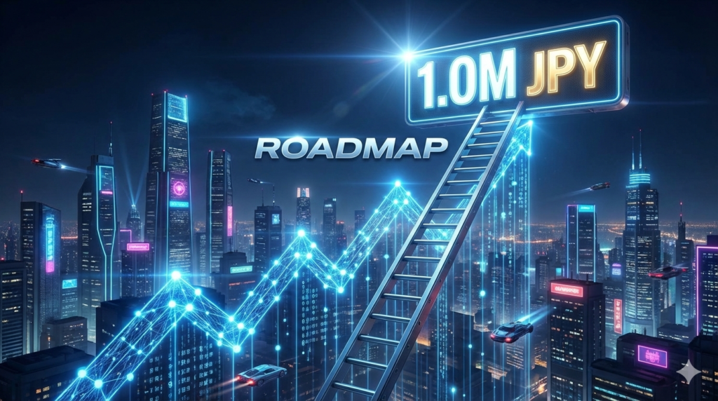 ネオンが輝く未来都市で「1.0M JPY」へ続く光の階段（ROADMAP）を登っていく、収益構造のリファクタリングを象徴するビジュアル。