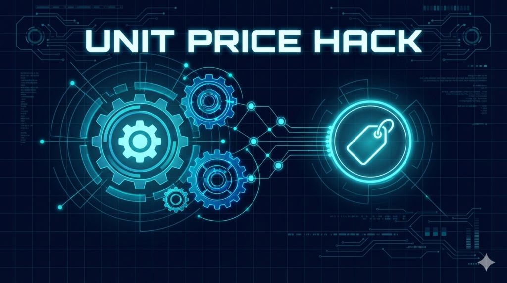 「UNIT PRICE HACK」の文字と、連動する歯車や値札のアイコン。副業における価格決定権を掌握する論理的アプローチの象徴図。