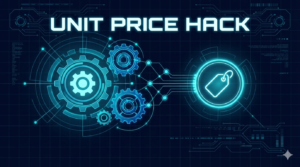 「UNIT PRICE HACK」の文字と、連動する歯車や値札のアイコン。副業における価格決定権を掌握する論理的アプローチの象徴図。