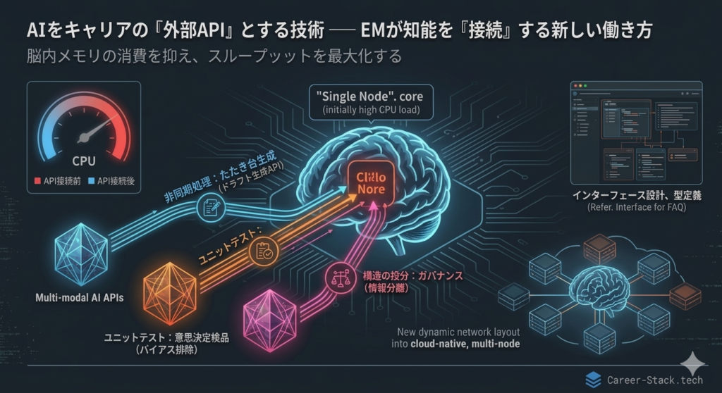 脳とマルチモーダルAIの接続と3つの実装レイヤーを表現