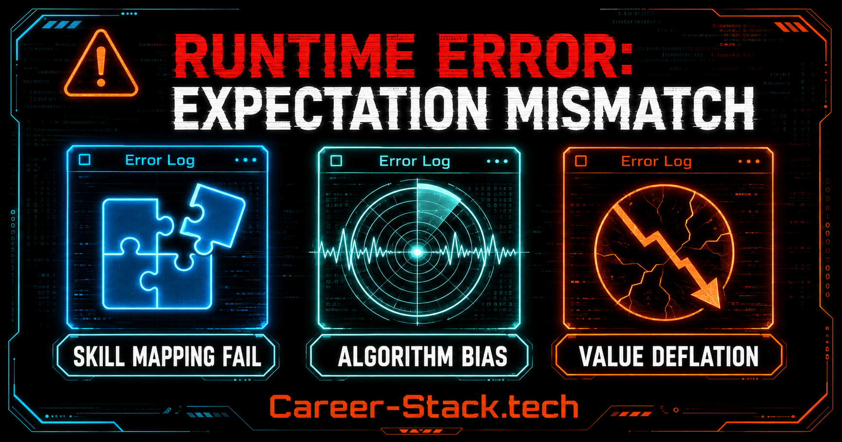 ハイクラス転職で失敗・後悔する3つの理由を、Skill Mapping Fail・Algorithm Bias・Value Deflationの期待値エラーとして示した図